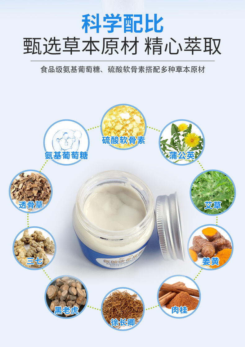 科學(xué)配比，甄選草本原材精心萃取，食品級(jí)氨基葡萄糖、硫酸軟骨素搭配多種草本原材